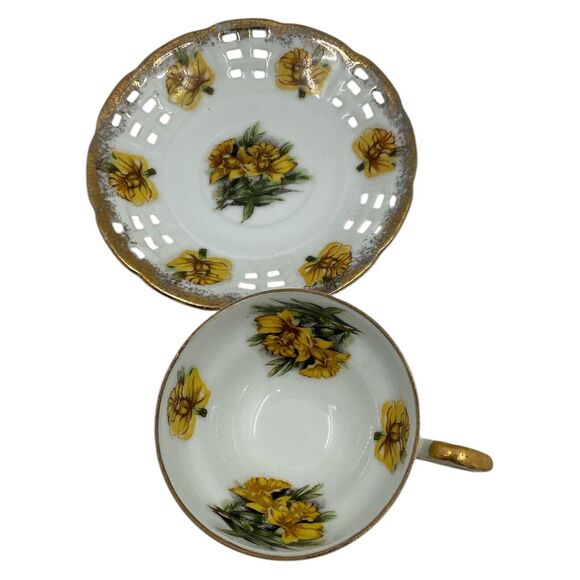 Daffodil Yellow Floral Tea Cup and Saucer Reticulated Petite Trimont Ware Japan - Picture 3 of 6
